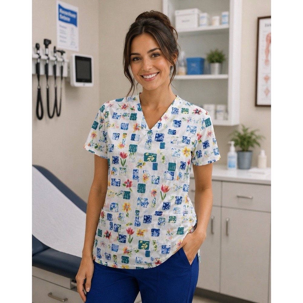 Fashion Scrubs Womens XS V-Neck Scrub Top Floral Geometric Tile Print Multicolor